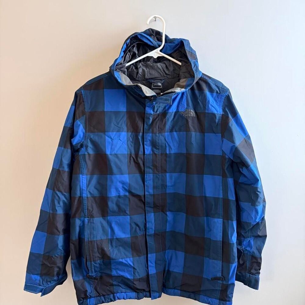 The North Face blue plaid rain / ski jacket jacket, outdoor, rainwear, winter